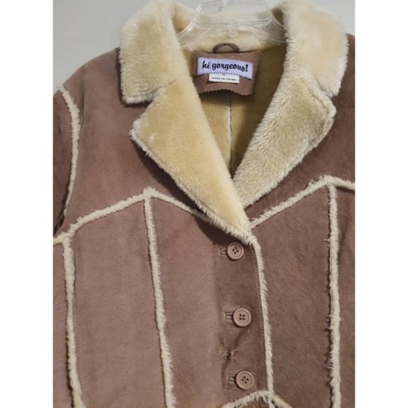 FINAL PRICE! Genuine Leather, Faux Fur Button Up Coat, Tan Light Brown, Size XL - Picture 3 of 8